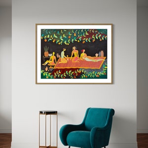 May include: A painting of five people sitting on a red and orange striped blanket under a canopy of green leaves with orange fruit. The people are wearing colorful clothing and are sitting in a relaxed pose. The painting is set against a dark background.