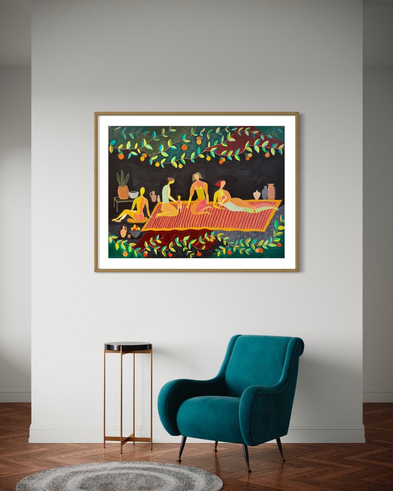 May include: A painting of five people sitting on a red and orange striped blanket under a canopy of green leaves with orange fruit. The people are wearing colorful clothing and are sitting in a relaxed pose. The painting is set against a dark background.