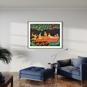 May include: A framed illustration of five people sitting on a red and yellow striped blanket under a canopy of green leaves. The people are wearing yellow and orange clothing and are surrounded by green plants and brown bottles.