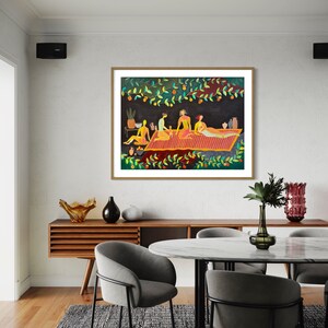 May include: A framed painting of five people sitting on a red and white striped rug. The people are drawn in a cartoon style and are wearing colorful clothing. The background is a dark green with orange fruit and green leaves.