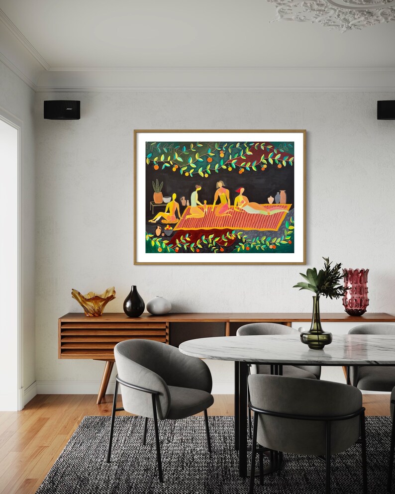 May include: A framed painting of five people sitting on a red and white striped rug. The people are drawn in a cartoon style and are wearing colorful clothing. The background is a dark green with orange fruit and green leaves.