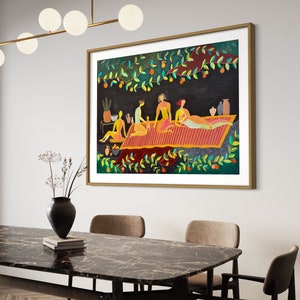 May include: A framed painting of four people sitting on a red and orange striped blanket under a canopy of green leaves and orange fruit. The people are wearing yellow, orange, and red clothing. The background is dark blue.