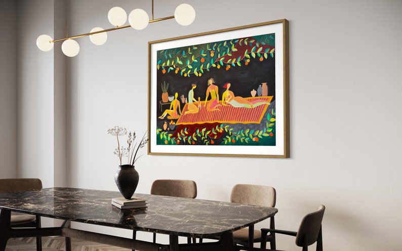 May include: A framed painting of four people sitting on a red and orange striped blanket under a canopy of green leaves and orange fruit. The people are wearing yellow, orange, and red clothing. The background is dark blue.