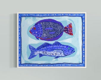 May include: A blue and purple fish with red spots and a blue and white fish with black spots on a light blue background with a blue border.