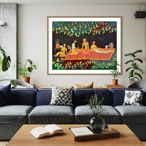 May include: A framed illustration of four people sitting on a patterned rug under a canopy of green leaves and orange fruit. The illustration is set against a dark background and features a vibrant color palette.