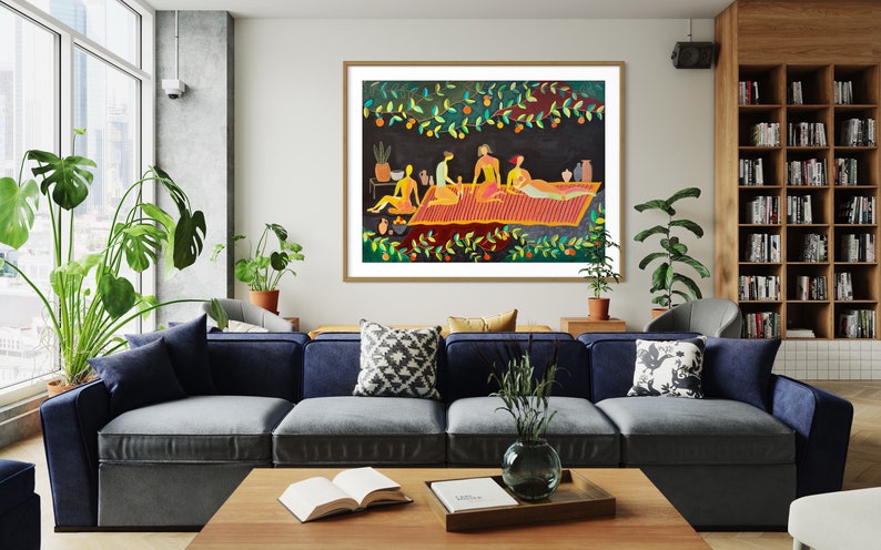 May include: A framed illustration of four people sitting on a patterned rug under a canopy of green leaves and orange fruit. The illustration is set against a dark background and features a vibrant color palette.