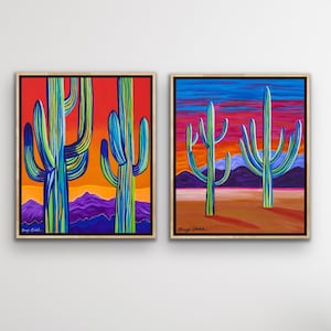 Two piece cactus artwork. "Desert Heat" ~ colorful abstract cactus artwork set. Mexican cactus succulent diptych artwork. Folk Art