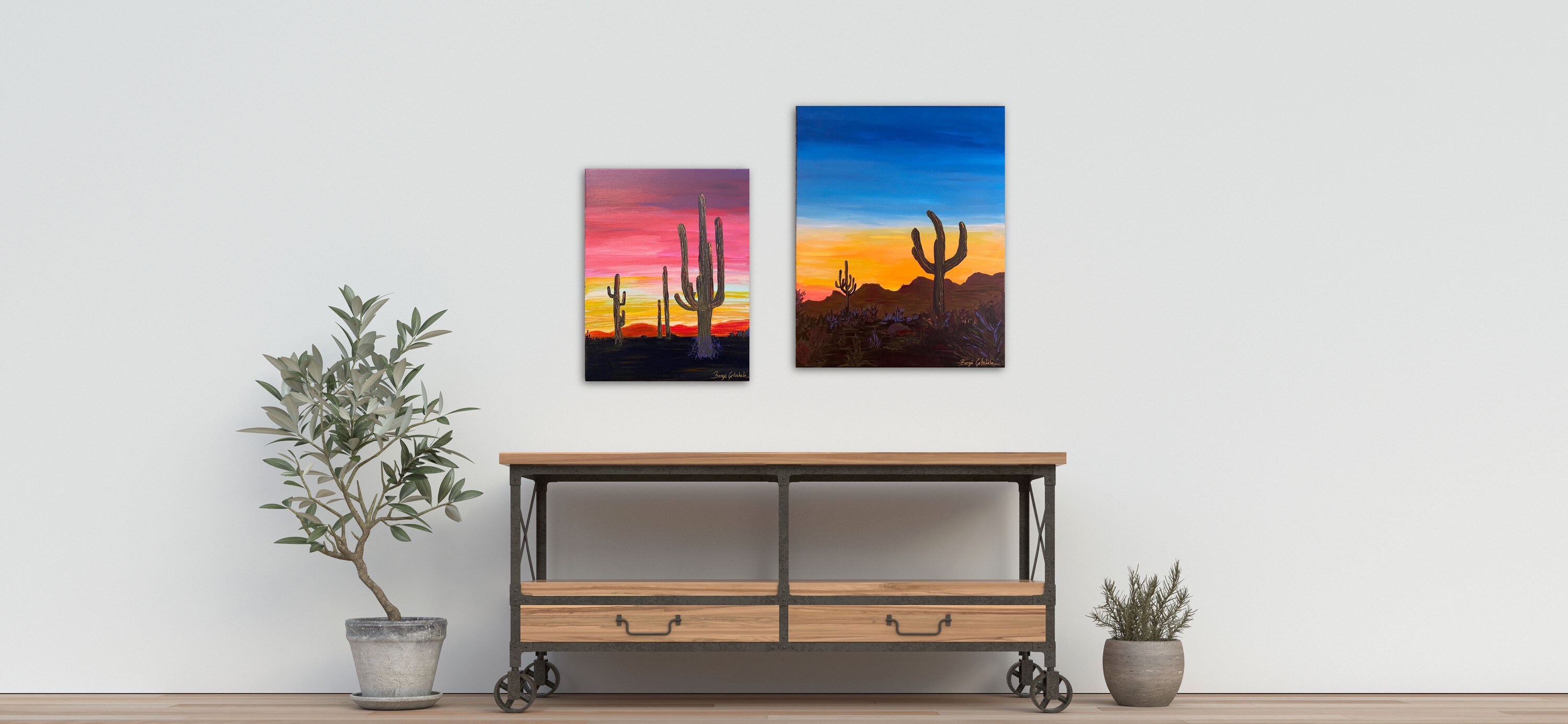Desert Saguro Original Colorful Desert Sunset Painting. Colorful Cactus ...