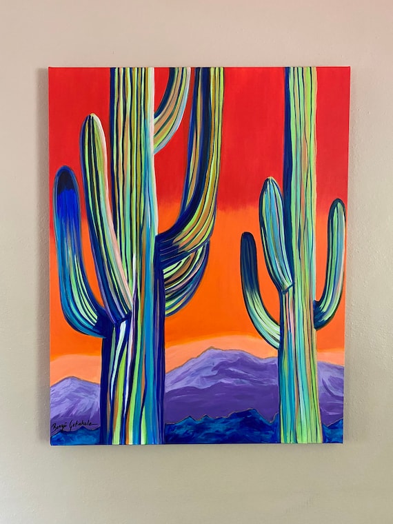 Desert Heat Colorful Abstract Cactus Painting. Modern Mexican Folk