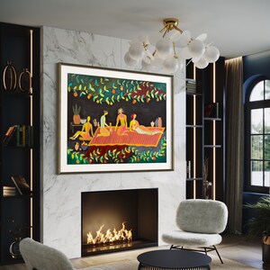 May include: A framed painting of five figures reclining on a red and orange patterned blanket under a leafy canopy. The figures are depicted in a stylized, colorful manner, with orange, yellow, and green accents. The painting is set against a dark background and features a lush green canopy with orange fruit.