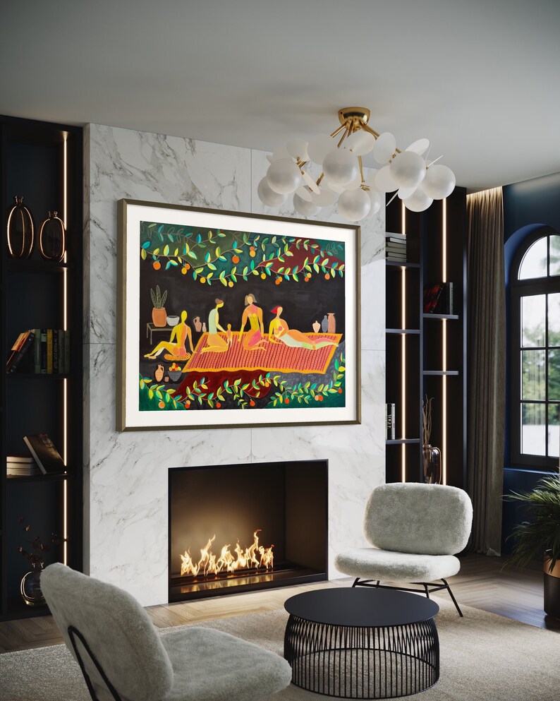 May include: A framed painting of five figures reclining on a red and orange patterned blanket under a leafy canopy. The figures are depicted in a stylized, colorful manner, with orange, yellow, and green accents. The painting is set against a dark background and features a lush green canopy with orange fruit.