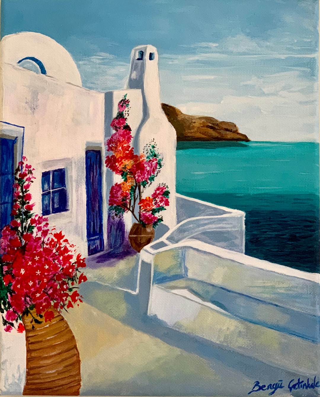 Mediterranean Original Acrylic Painting on Canvas Board, /12x16 In