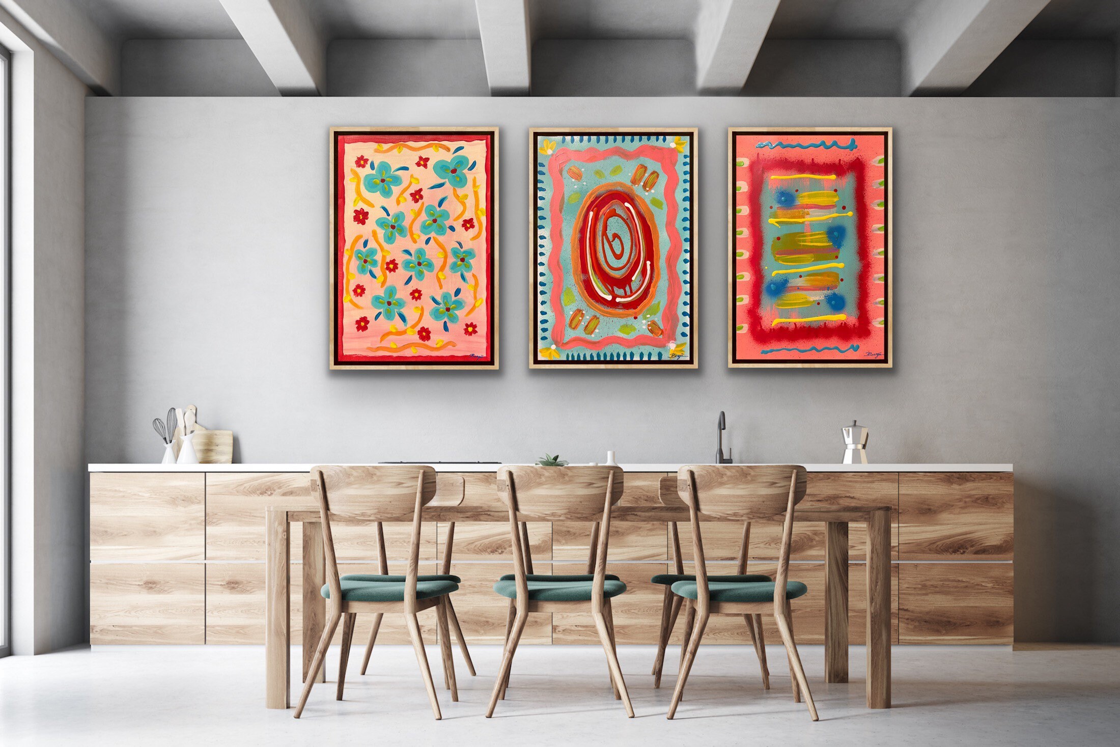3 Piece Wall Art Set: New! Flores Mexicanas by Bengü ~ Hand