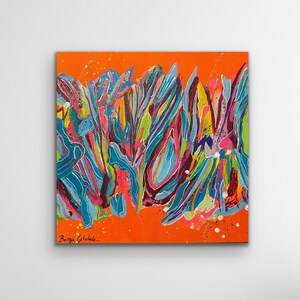 May include: Abstract painting with a bright orange background and colorful, swirling lines in shades of blue, green, pink, and purple. The painting has a textured surface and is signed "Bergu Getinhale" in the bottom left corner.