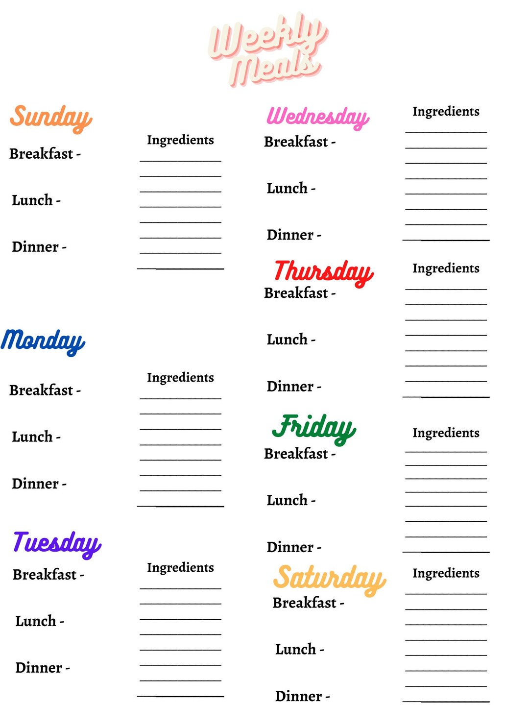 Printable Weekly Meal Prep List With Ingredient/grocery List - Etsy
