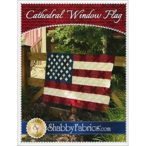 May include: A red, white, and blue American flag quilt pattern with the text "Cathedral Window Flag" and "Shabby Fabrics.com".