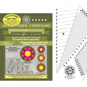May include: A white 60-degree compass ruler for quilting, with markings for 16-point Fat Robin compass blocks. The ruler is labeled "Fat Robin 60 Compass Ruler".