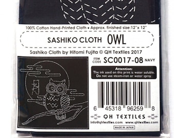 Saskiko Cloth  Embroidery Project -OWL - Navy - Japanese made - Hand Printed Cloth 12" X 12"  - English Instructions