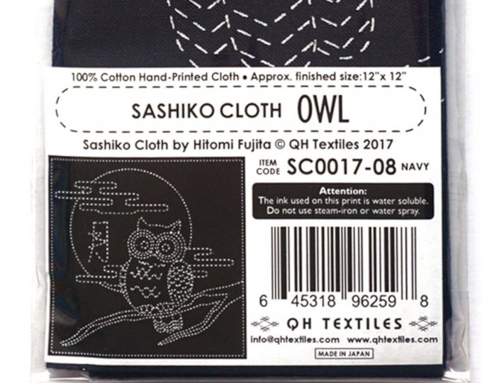 Saskiko Cloth  Embroidery Project -OWL - Navy - Japanese made - Hand Printed Cloth 12" X 12"  - English Instructions
