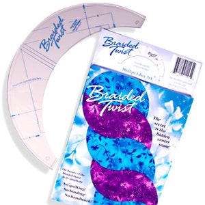 May include: A collection of quilting supplies featuring the "Braided Twist" design. Includes a curved template, a book with a blue and purple floral pattern, and various fabric templates for creating floral designs. The text on the book reads "The secret is the hidden center seam!"