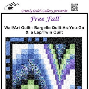May include: A colorful wall/art quilt with a Bargello design, featuring shades of blue, green, and purple. The quilt measures 28 x 35 inches and has a black border. The text "Free Fall" is displayed at the top.