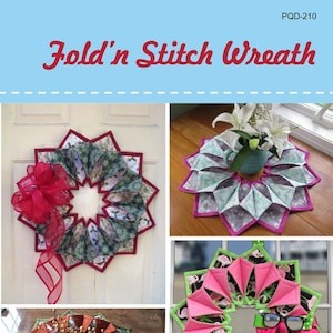 May include: Four different versions of a folded fabric wreath, each with a different fabric design. The wreaths are 21 inches in diameter and are made by Poor House Quilt Designs. The designs include a Christmas wreath, a floral wreath, a flamingo wreath, and a fall wreath.