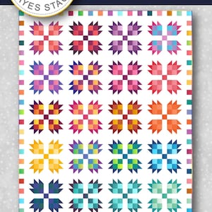 May include: A colorful quilt pattern featuring bear paw designs in various shades of red, orange, yellow, green, blue, and purple. The quilt measures 70 inches by 86 inches. The text "Bear Paw Patches 2.0" is displayed at the top.