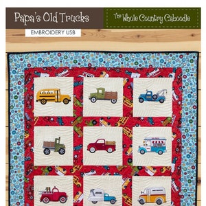 May include: A digital embroidery design set for a quilt and pillow featuring 11 different vintage truck designs. The quilt is 38 inches by 38 inches and the pillow is 12 inches by 22 inches. The design set includes color sheets, quilt and pillow patterns. The hoop size is 8 inches by 8 inches. The embroidery formats included are ARTv6, ARTv8, DST, EXP, HUS, JEF, PES, VIP, VP3, and XXX.