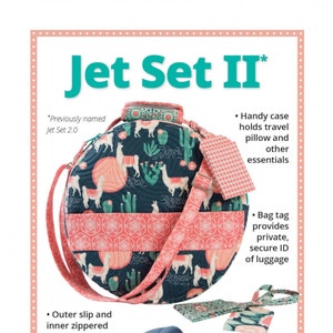 May include: A sewing pattern for a travel set, called "Jet Set II", featuring a round, quilted bag with a llama print, a matching travel pillow, and a small zippered pouch. The pattern is by Annie.com and includes instructions for making a travel set in style and comfort.