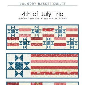 May include: Three table runner quilt patterns featuring a patriotic theme with red, white, and blue colors. The patterns include stars, stripes, and floral designs. The table runners are 36 1/2 inches by 12 1/2 inches.