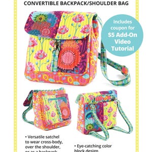 May include: A colorful Switchback convertible backpack/shoulder bag with a floral design. The bag features a yellow background with pink and purple flowers. The image includes the text "Switchback" and "byannie.com".