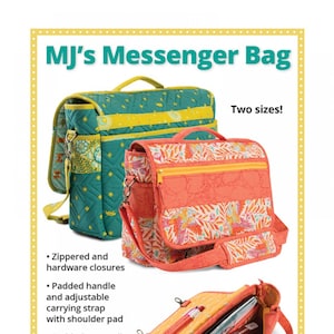 May include: A two-toned messenger bag with a floral print and a yellow zipper. The bag has a padded handle, adjustable strap, and a shoulder pad. It also has a padded, expanding inner divider, zippered and slip pockets on the outside, and a roomy interior with a slip mesh pocket. The bag has a handy pen holder on the flap. "MJ's Messenger Bag" and "byannie.com" are printed on the bag.