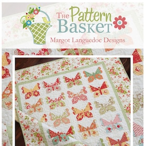 May include: A quilt pattern featuring a patchwork design of butterflies in various colors and patterns. The quilt is made with a white background and green borders. The title "Butterflies" is displayed at the bottom of the image, along with the website address "www.thepatternbasket.com".