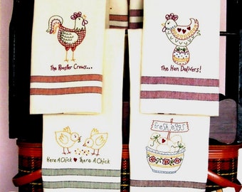 The Hen Delivers Tea Towels *Embroidery Pattern* BY: Bird Brain Designs #378