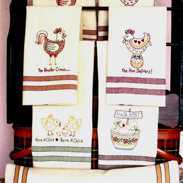 The Hen Delivers Tea Towels *Embroidery Pattern* BY: Bird Brain Designs #378