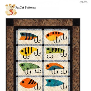 May include: A quilt pattern featuring a design of eight colorful fishing lures with triple hooks. The pattern is called "Small Fry" and is 21 inches by 24 inches. It is designed by Sindy Rodenmayer.