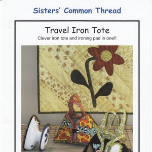 May include: An image of a travel iron tote with a heat-resistant lining. The tote is designed to hold a mini travel iron and includes an ironing pad. The image also shows a white and blue iron and two tote bags with colorful patterns.