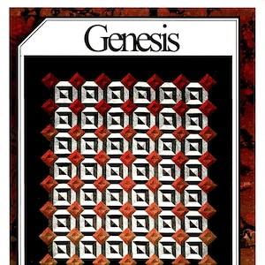 May include: A quilt pattern called "Genesis" designed by Christopher Florence. The quilt is 72 inches by 81 inches and features a geometric pattern of red, white, and black squares. The quilt is made without Y-seams. The image includes the designer's signature and a link to their Facebook page.