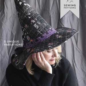 May include: A quilted witch hat featuring a black fabric with various Halloween-themed prints, a purple band, and a pointed crown. The text on the image reads: Melissa Mortenson Sewing Patterns, 3 Unique Variations, and The Spellbound Hat A Quilted Witch Hat Sewing Pattern.