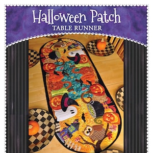 May include: Halloween Patch Table Runner featuring a colorful patchwork design with pumpkins, owls, ghosts, and bats. The runner is on a checkered table with a wooden surface.