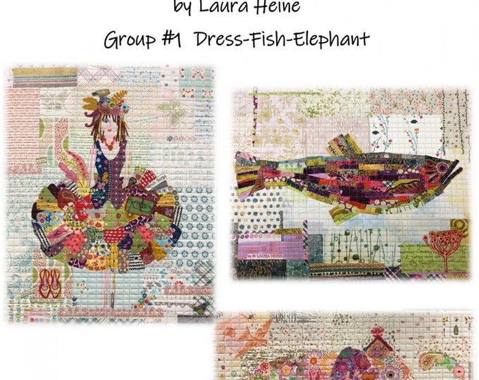 Teeny Tiny Collage Pattern Group 1: Dress, Fish, Elephant By- Laura Heine - Fiberworks