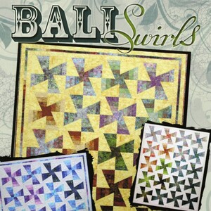 May include: Quilt pattern design for "Bali Swirls" featuring a colorful swirl pattern. The pattern uses the "Twist N Turn" ruler and measures 74 inches by 90 inches.