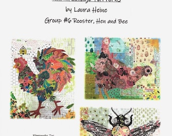 Teeny Tiny Collage Pattern Group 6: Rooster, Hen, Bee  By- Laura Heine - Fiberworks