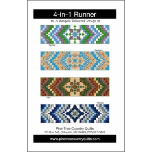 May include: A 4-in-1 Bargello Rebooted Runner quilt pattern featuring four different designs: Spring, Summer, Fall, and Winter. Each design is a colorful geometric pattern with a central star shape.