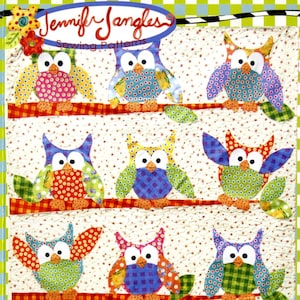 May include: A colorful quilt pattern featuring a variety of owls with different patterns and colors. The quilt is titled "Okey Dokey Owl and Friends Applique Quilt".