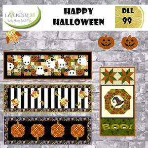May include: A set of five Halloween-themed quilt patterns featuring black and white stripes, ghosts, pumpkins, and cats. The patterns are titled "Happy Halloween" and "Boo!"