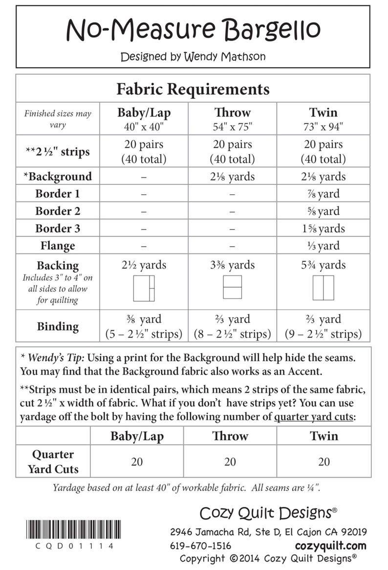 May include: A chart with fabric requirements for a No-Measure Bargello quilt project. The chart lists the fabric needed for a baby/lap, throw, and twin size quilt. The chart includes the amount of fabric needed for the background, borders, flange, backing, and binding. The chart also includes a tip for using a print for the background to help hide the seams.