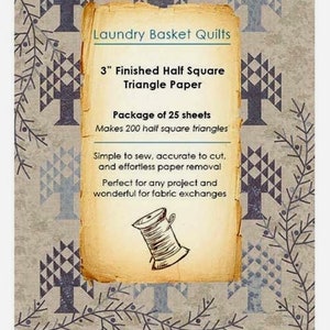 May include: A package of 25 sheets of 3-inch finished half square triangle paper for quilting. The paper is designed to make 200 half square triangles. The package is illustrated with a spool of thread and a vintage-style background.