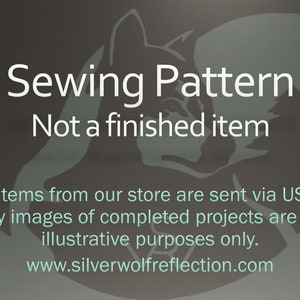Puede incluir: Patr&oacute;n de costura para un proyecto. El texto "Sewing Pattern Not a finished item" se muestra en un fondo gris con una silueta de lobo.