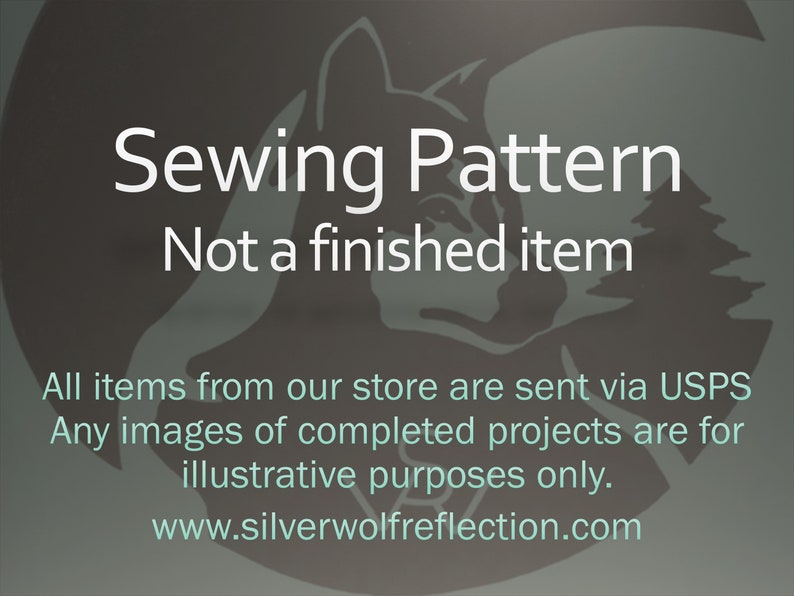 Puede incluir: Patr&oacute;n de costura para un proyecto. El texto "Sewing Pattern Not a finished item" se muestra en un fondo gris con una silueta de lobo.